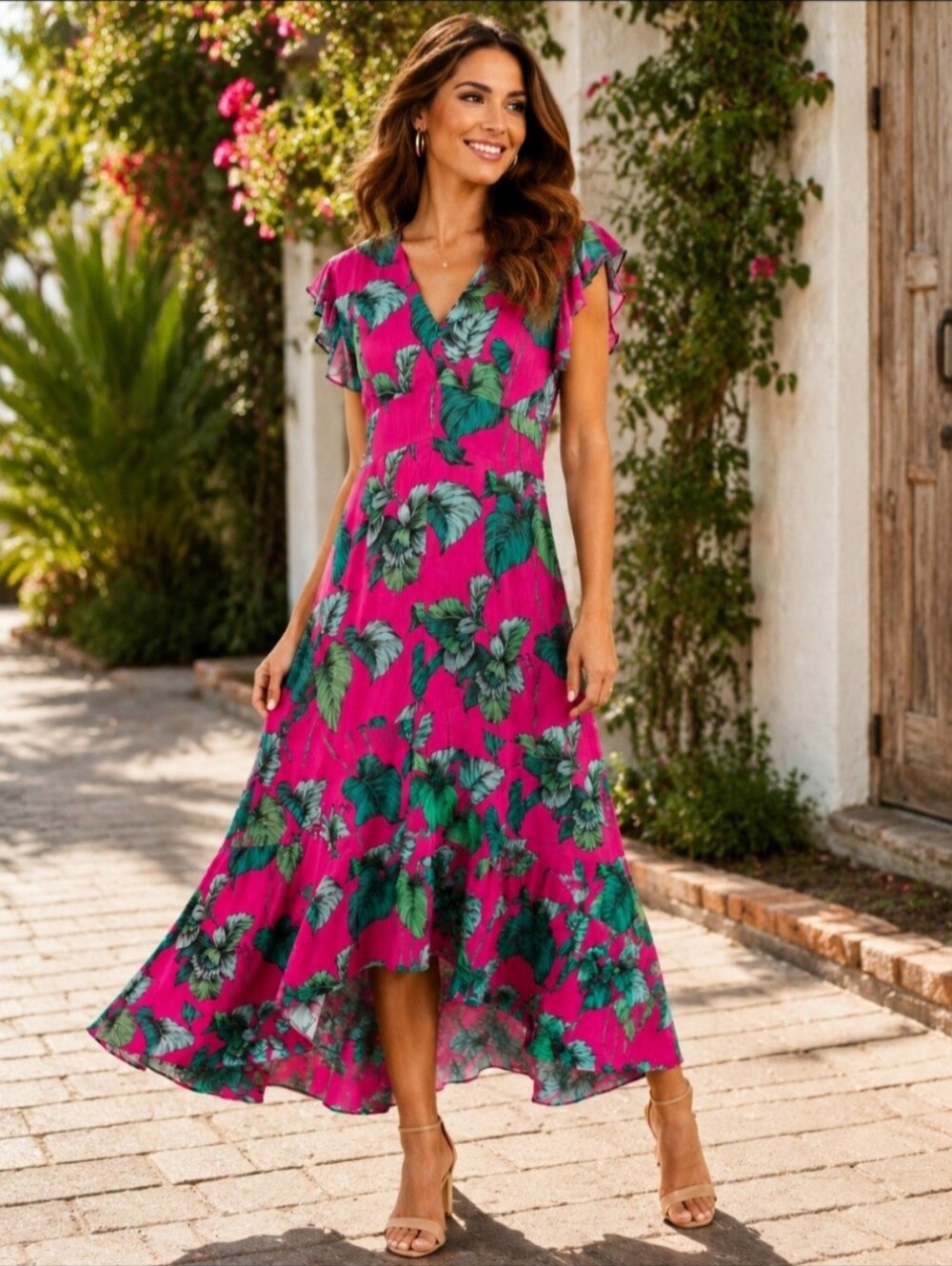 Tommy Hilfiger Fuchsia Tropical V Neck High Low Maxi Dress